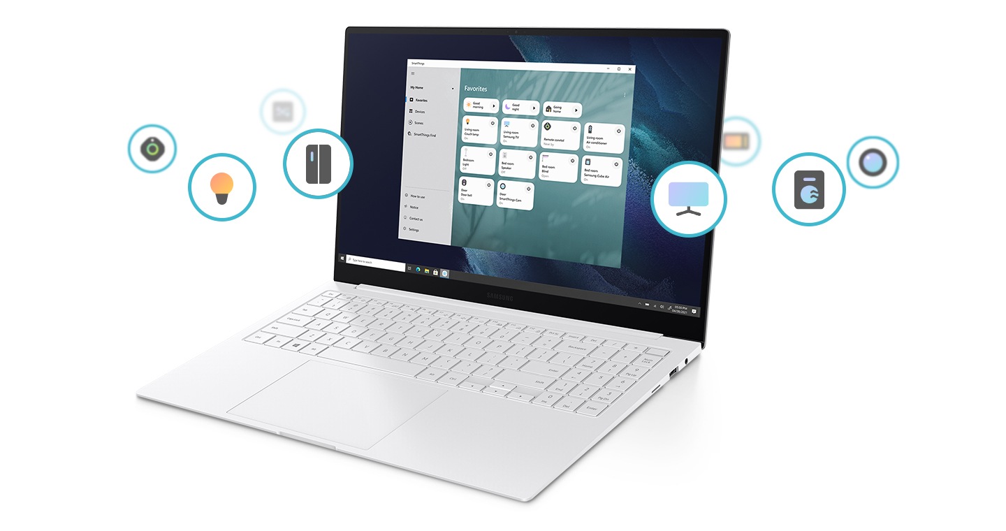 The Galaxy Book Pro is surrounded by several icons showing various IoT devices such as a lighting, refrigerator, TV and a washing machine. Displayed on the screen is the IoT controller of SmartThings system.