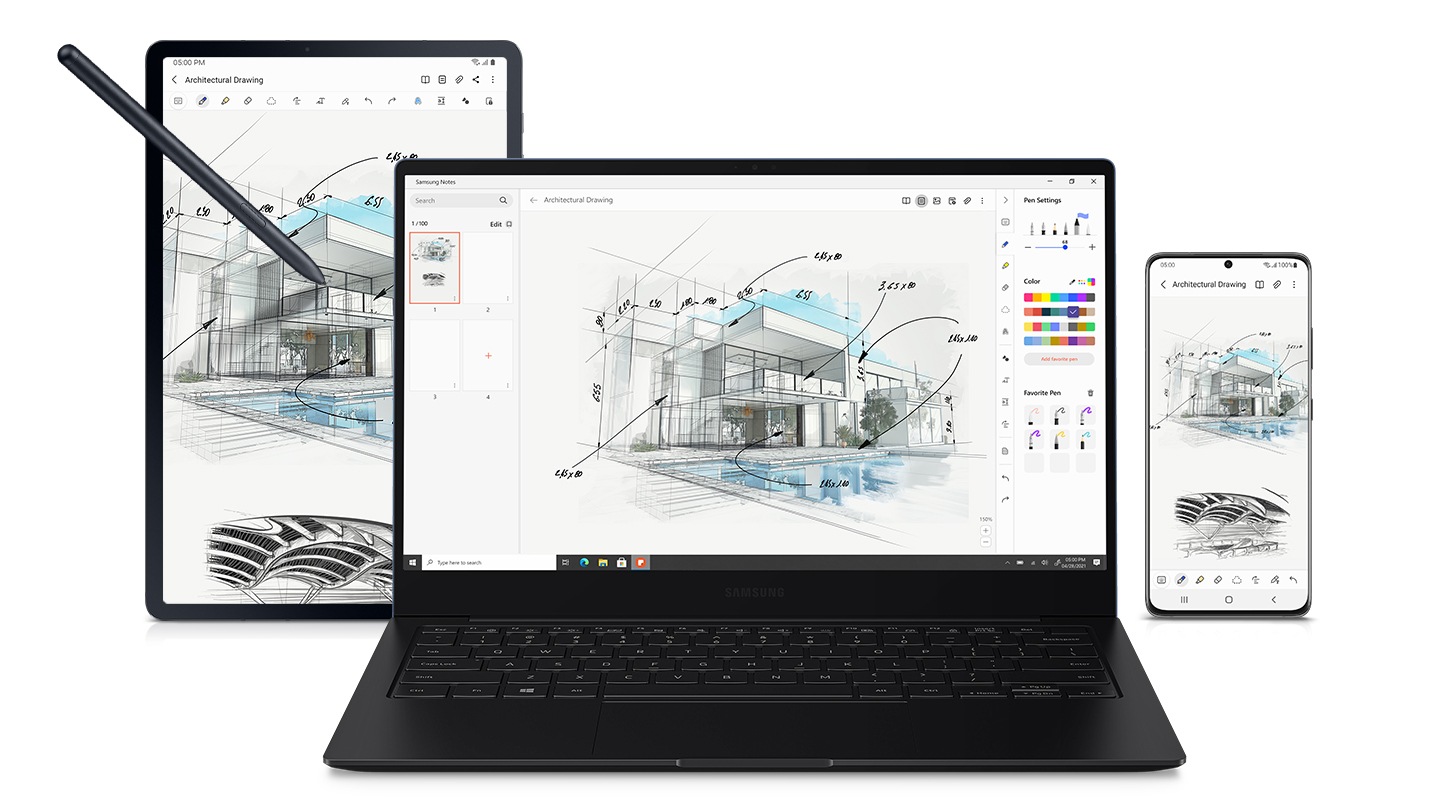 Hinter dem Galaxy Book Pro sind ein Smartphone und ein Galaxy Tab S7+ mit einem S Pen nebeneinander platziert. Auf allen drei Bildschirmen wird eine Architekturzeichnung angezeigt, die demonstriert, dass die Geräte synchronisiert sind.