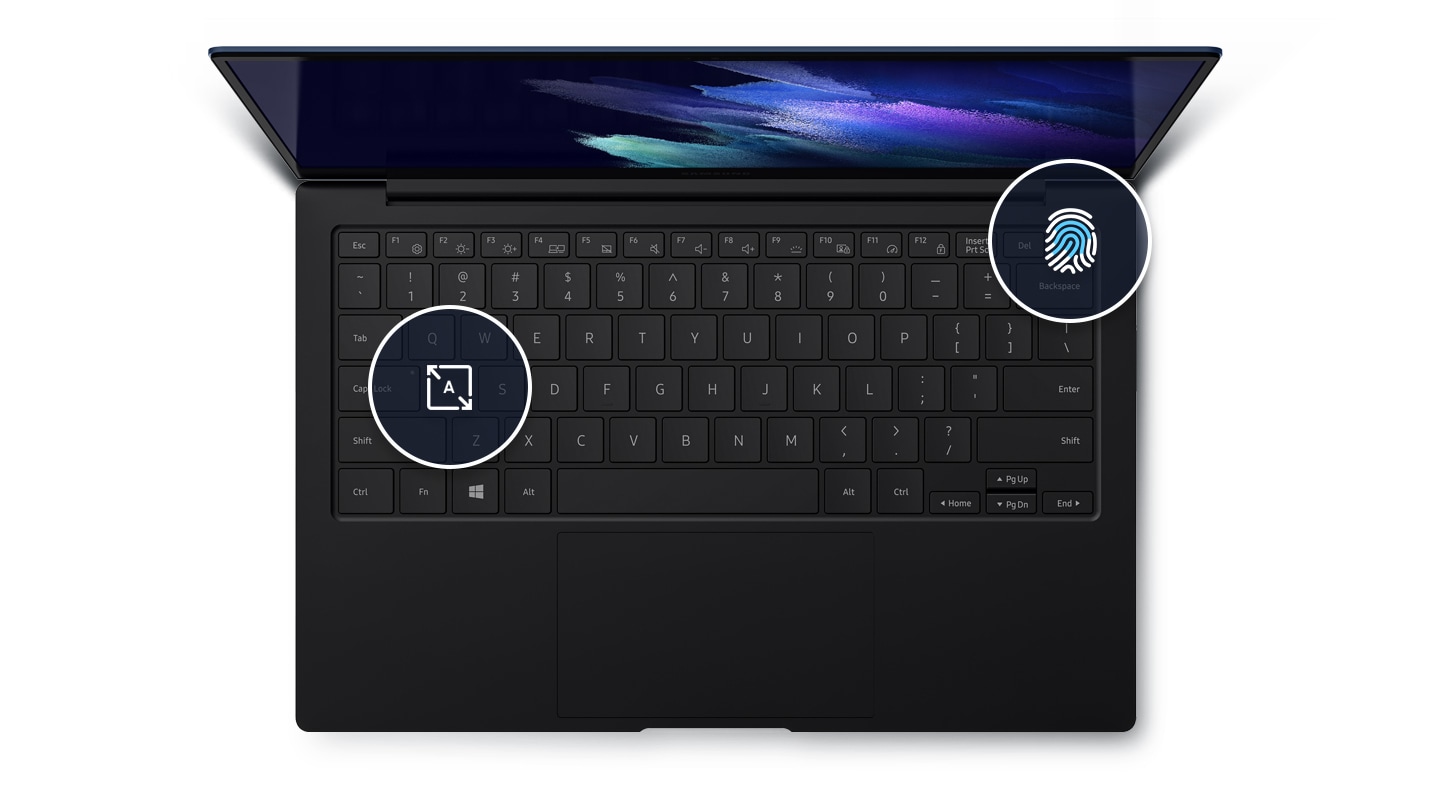 Die Tastatur des Galaxy Book Pro mit einem Fingerabdrucksymbol für sichere Anmeldungen und einem breiten Tastensymbol. Um das Touchpad herum befinden sich nach außen gerichtete Pfeile, die auf das vergrößerte Touchpad hinweisen. 