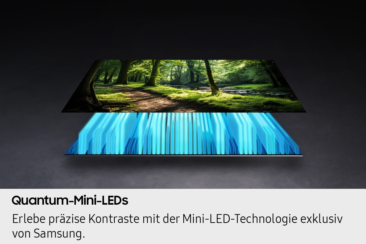 Die Hintergrundbeleuchtung und der Bildschirm des Fernsehers sind voneinander getrennt, wobei die Mini-LED-Hintergrundbeleuchtung den Bildschirm beleuchtet, um eine lebendige Waldszene darzustellen.