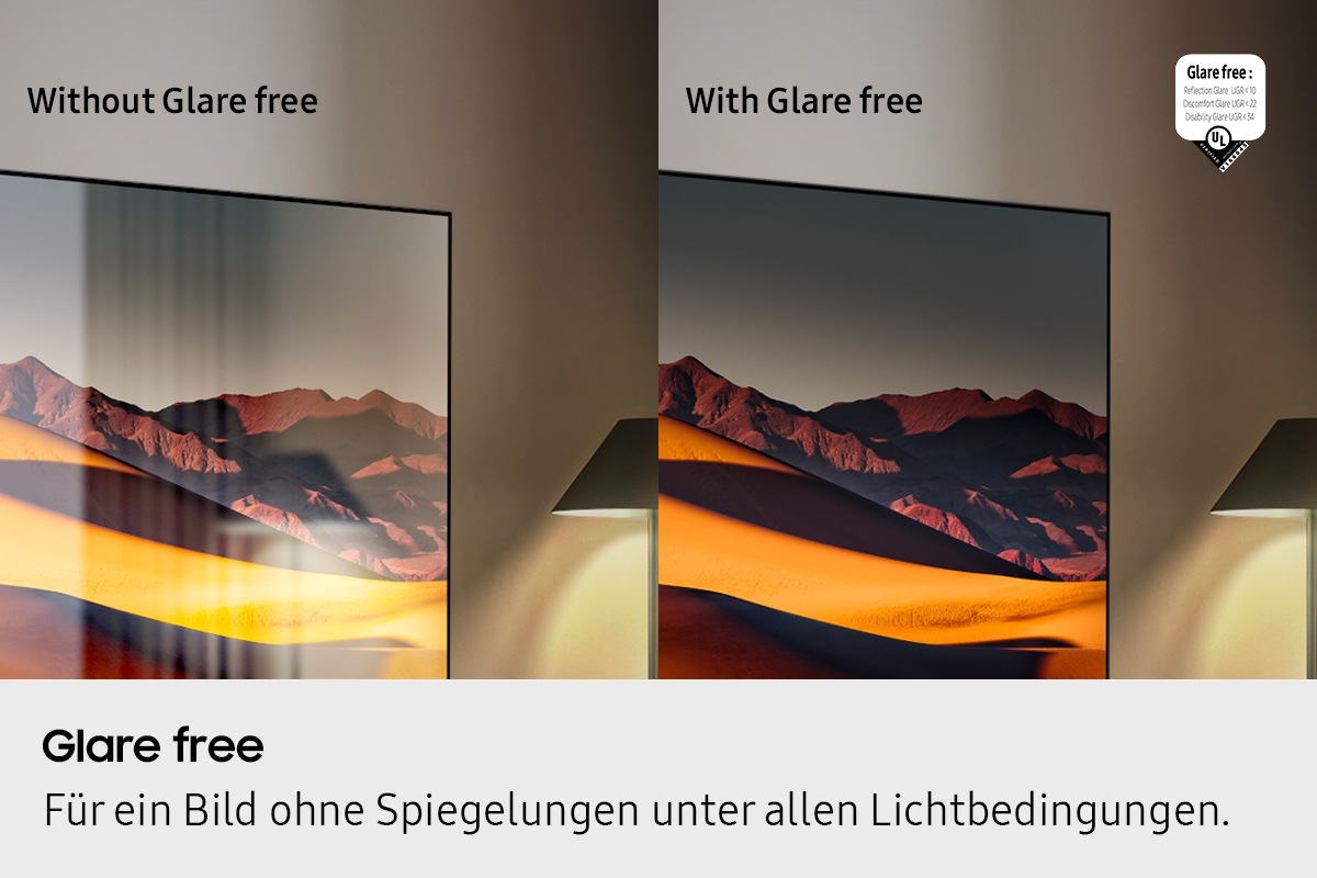 Ein Fernsehbildschirm ohne Glare Free-Technologie weist störende Reflexionen auf. Daneben zeigt ein Fernsehbildschirm mit Glare Free-Technologie deutlich eine Berglandschaft. UL-verifiziertes Logo. Glare Free: Reflexionsblendung UGR < 10, Unbehaglichkeitsblendung < UGR 22, Behinderungsblendung < 34. verifyUL.com®. V166045.
