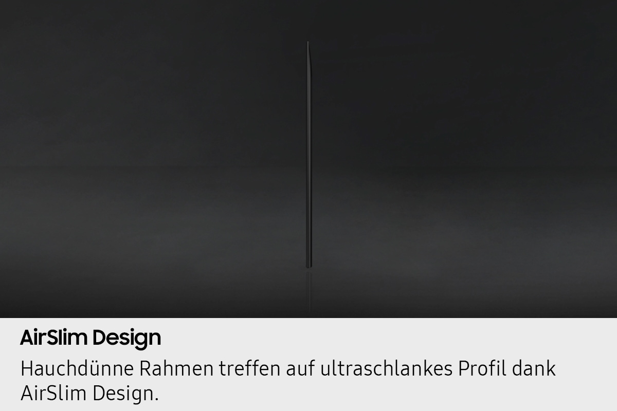 Die Seitenansicht des QLED-Fernsehers zeigt sein ultraschlankes Design.