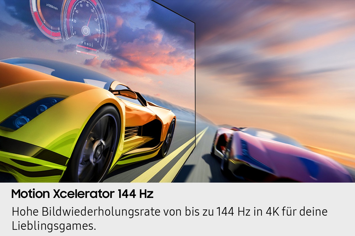 Zwei Rennwagen fahren auf einer Rennstrecke. Einer sieht klarer aus als der andere und ist schneller.