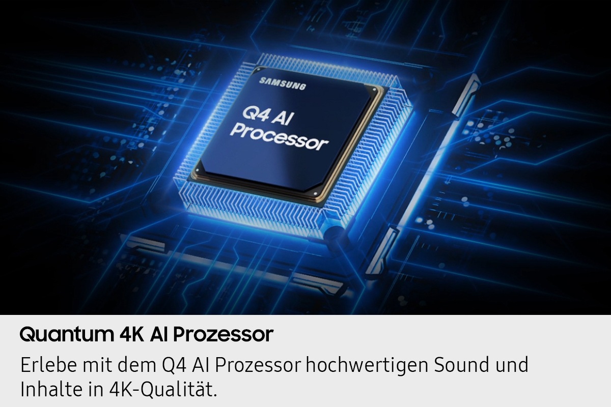 Der Samsung Q4 AI-Prozessorchip befindet sich auf der Hauptplatine des Fernsehers und leuchtet auf, während Wellen von Energie vom Chip zum Rest des Fernsehers strömen.