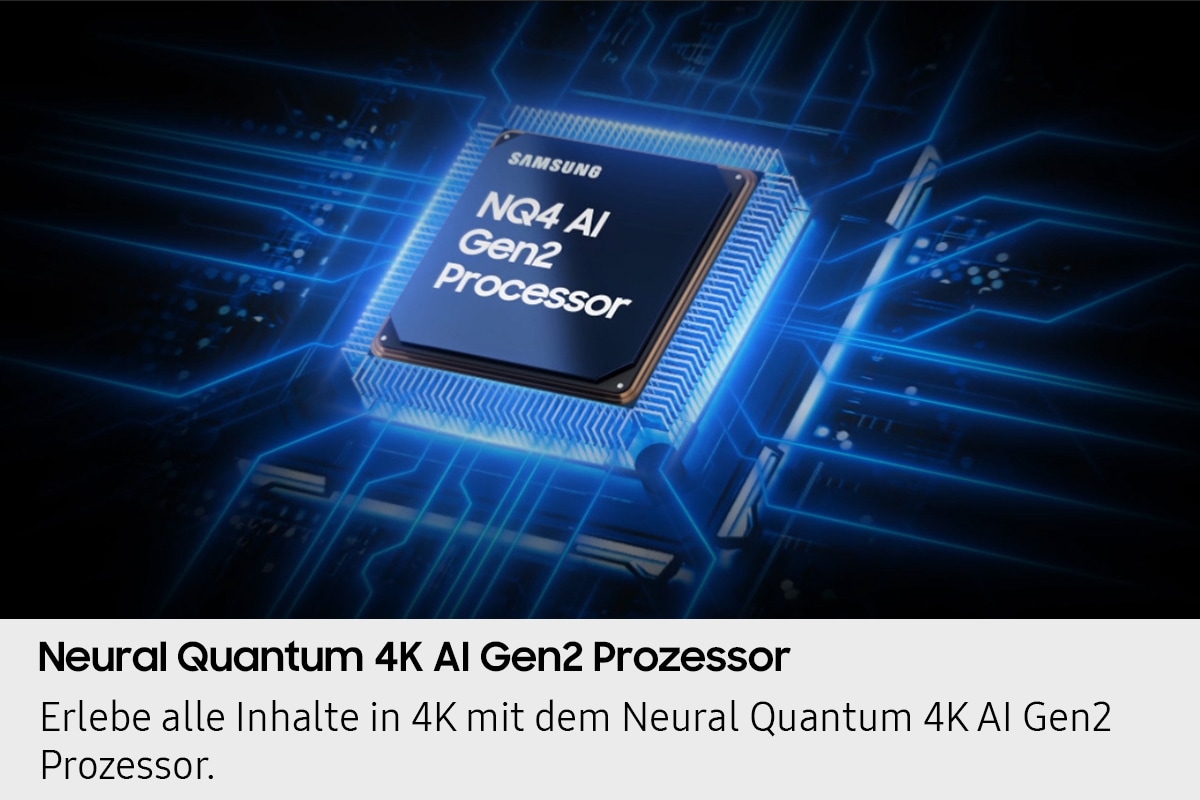 Der NQ4 AI Gen2-Prozessorchip befindet sich auf der Hauptplatine des Fernsehers und leuchtet mit Wellen von Energie, die vom Chip zum Rest des Fernsehers strömen.