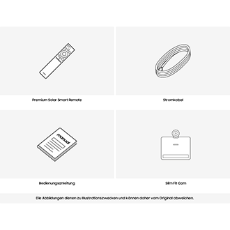 Dem Neo QLED 4K QN95C  wird eine Premium Solar Smart Remote, ein Stromkabel und eine Anleitung mitgeliefert.
