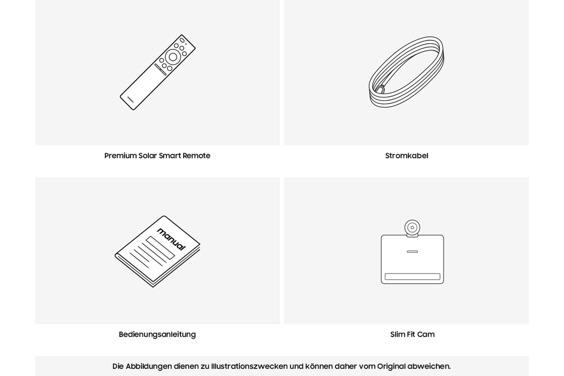 Dem Neo QLED 4K QN95C  wird eine Premium Solar Smart Remote, ein Stromkabel und eine Anleitung mitgeliefert.