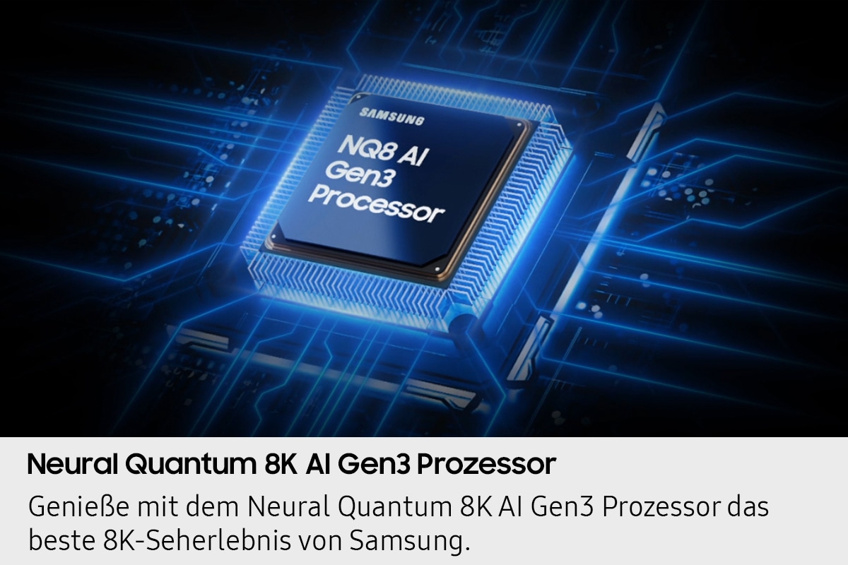 Der NQ8 AI Gen3-Prozessorchip befindet sich auf der Hauptplatine des Fernsehers und leuchtet mit Wellen von Energie, die vom Chip zum Rest des Fernsehers strömen.