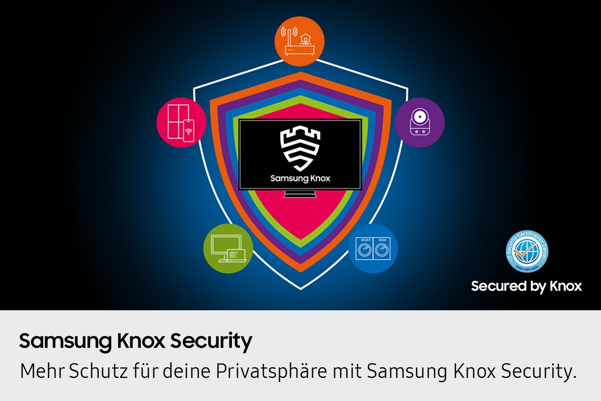 Auf einem Fernseher wird das Samsung Knox Security-Logo angezeigt. Daneben befindet sich das Logo des IT-Sicherheitszertifizierungszentrums CISS-1291-2024.