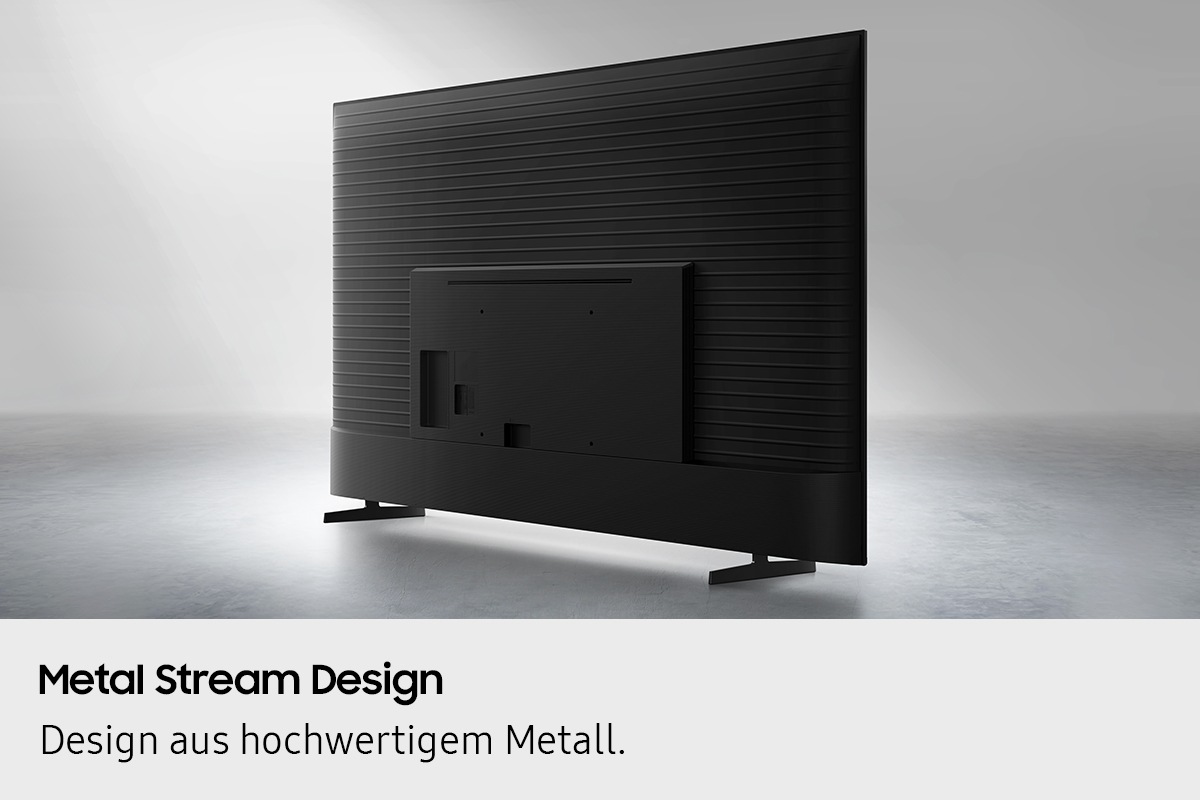 Die Rückansicht eines Fernsehers mit MetalStream Design. Er verfügt über ein schwarzes Metallgehäuse mit einem geriffelten Muster.