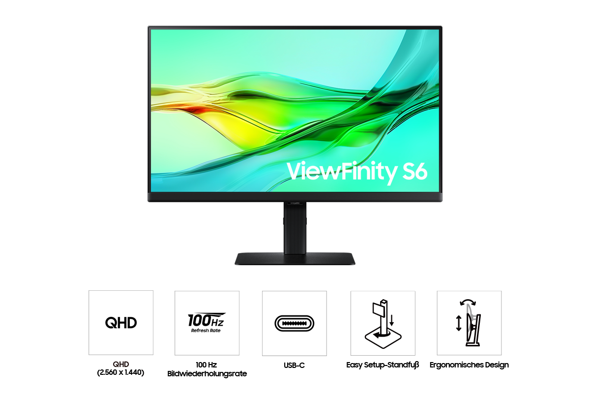 Vorderseite des 24inch Samsung ViewFinity S60UD. Der Bildschirm zeigt eine grüne Welle auf und fünf Symbole für die Funktionen QHD, Bildwiederholrate von 100 Hz, USB Typ-C, einfach aufstellbarer Standfuß und ergonomisches Design.