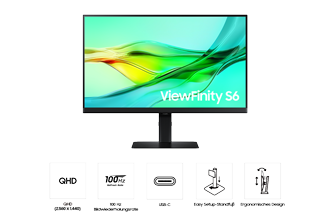 Vorderseite des 24inch Samsung ViewFinity S60UD. Der Bildschirm zeigt eine grüne Welle auf und fünf Symbole für die Funktionen QHD, Bildwiederholrate von 100 Hz, USB Typ-C, einfach aufstellbarer Standfuß und ergonomisches Design.
