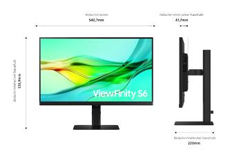 Abmessung des 24inch Samsung ViewFinity S60UD (585 x 713,9 x 220 mm) mit schwarzem Standfuß und einer Bildschirmtiefe von 41,8 mm ohne Standfuß. 