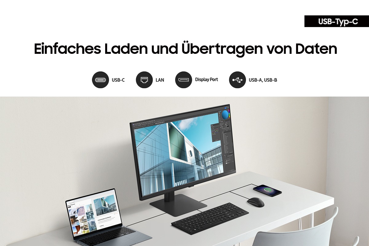 Einfaches Laden und Übertragen von Daten über USB-Typ-C, USB-Typ-A, USB-Typ-B, LAN und Display-Port.