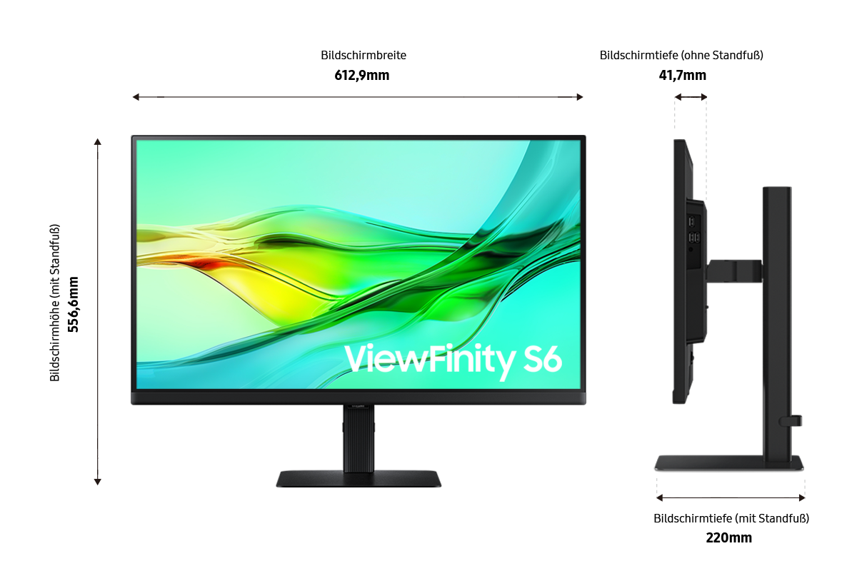 Abmessung des 27inch Samsung ViewFinity S60UD (612,9 x 556,6 x 220 mm) mit schwarzem Standfuß und einer Bildschirmtiefe von 41,7 mm ohne Standfuß. 