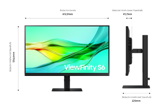 Abmessung des 27inch Samsung ViewFinity S60UD (612,9 x 556,6 x 220 mm) mit schwarzem Standfuß und einer Bildschirmtiefe von 41,7 mm ohne Standfuß. 
