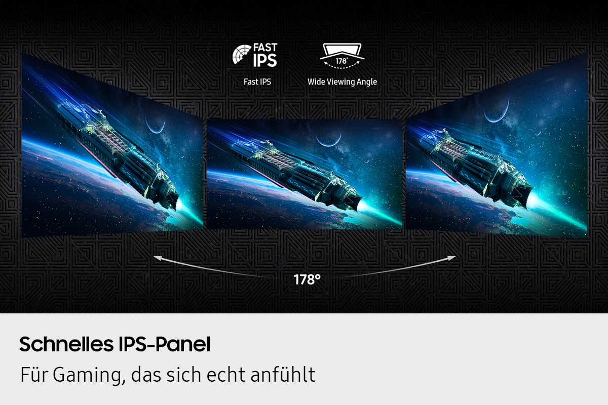 Schnelles IPS-Panel. Satte Farben wohin man auch schaut. Drei nebeneinander platzierte Displays zeigen einen weiten Betrachtungswinkel von 178°. Symbole für schnelles IPS und einen weiten Betrachtungswinkel sind zu erkennen.