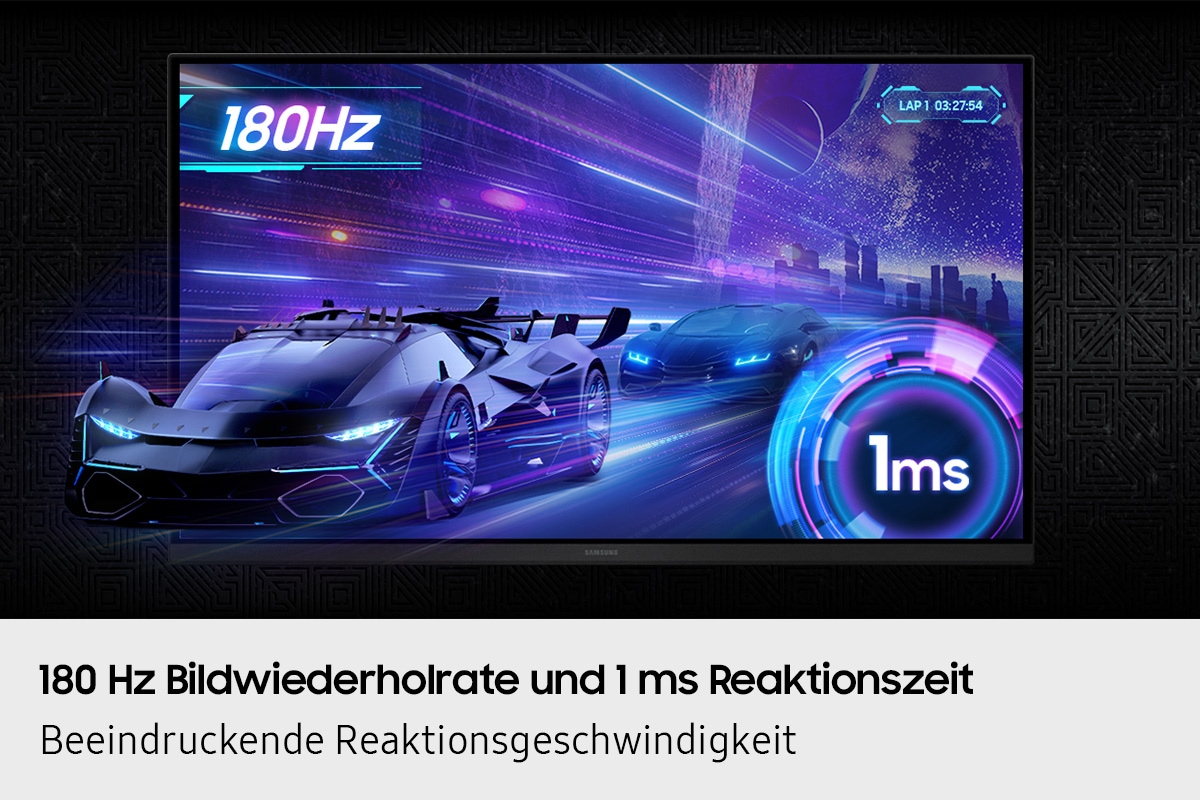 180 Hz Bildwiederholrate & 1 ms Reaktionszeit. Erlebe minimierte Verzögerungen für schnellste Action. Ein Rennwagen „rast“ aus dem Bildschirm, gefolgt von einem weiteren in unmittelbarer Nähe. 180 Hz Bildwiederholrate und 1 ms Reaktionszeit.