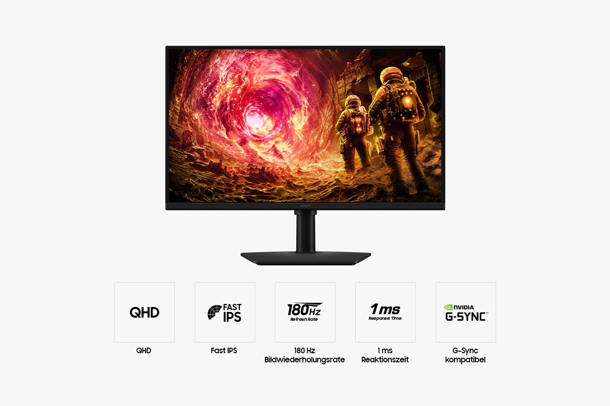 Zu sehen ist der 27 Zoll große Samsung Odyssey G5 von vorne. Außerdem sind fünf Symbole für Funktionen zu sehen: QHD, schnelles IPS-Panel, 180 Hz Bildwiederholrate, 1 ms Reaktionszeit und G-Sync-Kompatibilität.