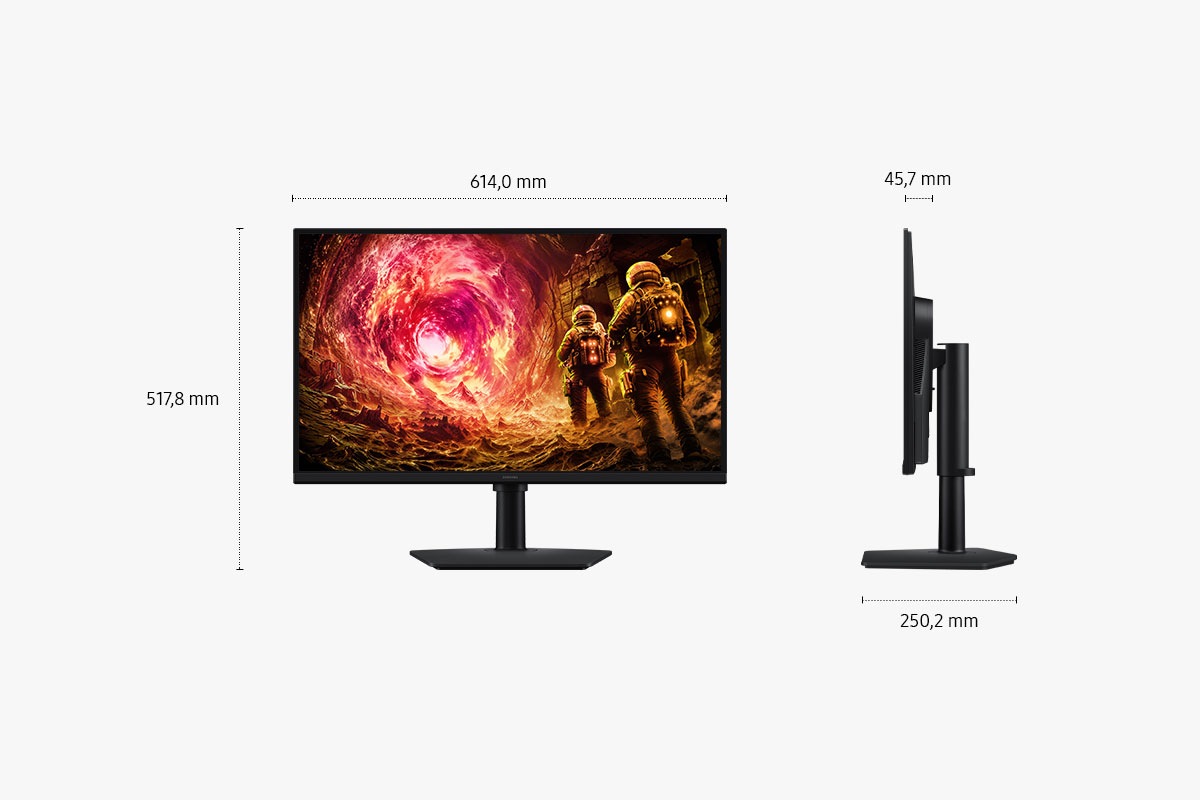 Zu sehen sind die Maße eines 27 Zoll großen Samsung Odyssey G5 (614 x 517,8 x 250,2 mm) mit schwarzem Standfuß und einer Bildschirmtiefe von 45,7 mm ohne Standfuß. Auf seinem Display sind zwei Spielcharaktere zu erkennen, die auf ein pinkes Portal zusteuern.