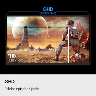 Booste dein Spielerlebnis mit realitätsnahen Visuals. Die QHD-Auflösung (2.560 x 1.440) zeigt einen Spielcharakter, der ein Gebäude aus der Ferne betrachtet, während die FHD-Auflösung (1.920 x 1.080) nur einen Teil des Spielcharakters wiedergibt.