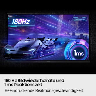 180 Hz Bildwiederholrate & 1 ms Reaktionszeit. Erlebe minimierte Verzögerungen für schnellste Action. Ein Rennwagen „rast“ aus dem Bildschirm, gefolgt von einem weiteren in unmittelbarer Nähe. 180 Hz Bildwiederholrate und 1 ms Reaktionszeit.