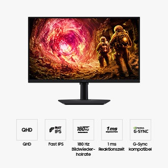 Zu sehen ist der 27 Zoll große Samsung Odyssey G5 von vorne. Außerdem sind fünf Symbole für Funktionen zu sehen: QHD, schnelles IPS-Panel, 180 Hz Bildwiederholrate, 1 ms Reaktionszeit und G-Sync-Kompatibilität.