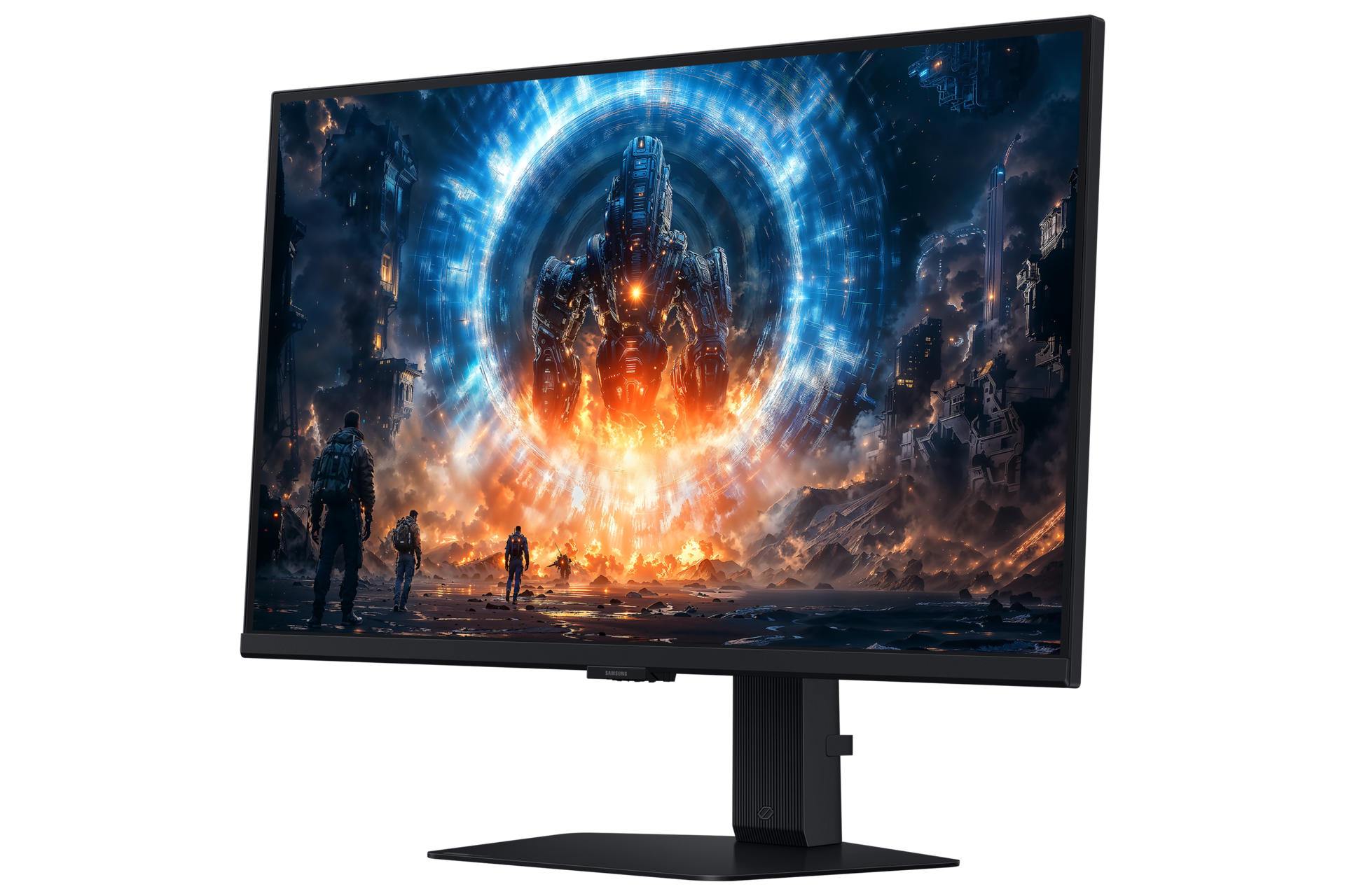 Vorderansicht rechts des 27-Zoll-Monitors Samsung Odyssey G60F. Auf dem Bildschirm sind Soldaten zu sehen, die beobachten, wie ein riesiger Feind aus dem Portal auftaucht.