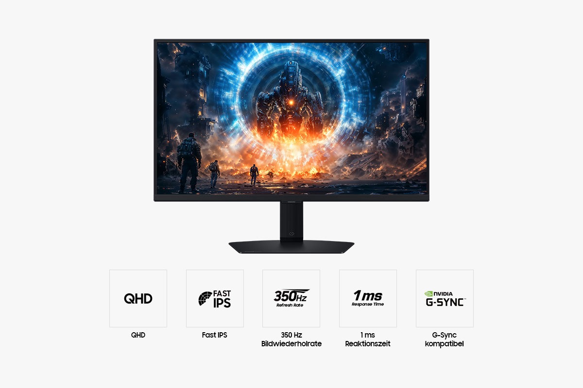 Vorderseite des 27-Zoll-Monitors Samsung Odyssey G60F mit Bildschirm, auf dem Soldaten zu sehen sind, die beobachten, wie ein riesiger Feind aus dem Portal auftaucht. Vier Symbole für Funktionen zu QHD, Schnelles IPS, 350 Hz Bildwiederholrate, 1 ms Reaktionszeit und G-Sync Compatible