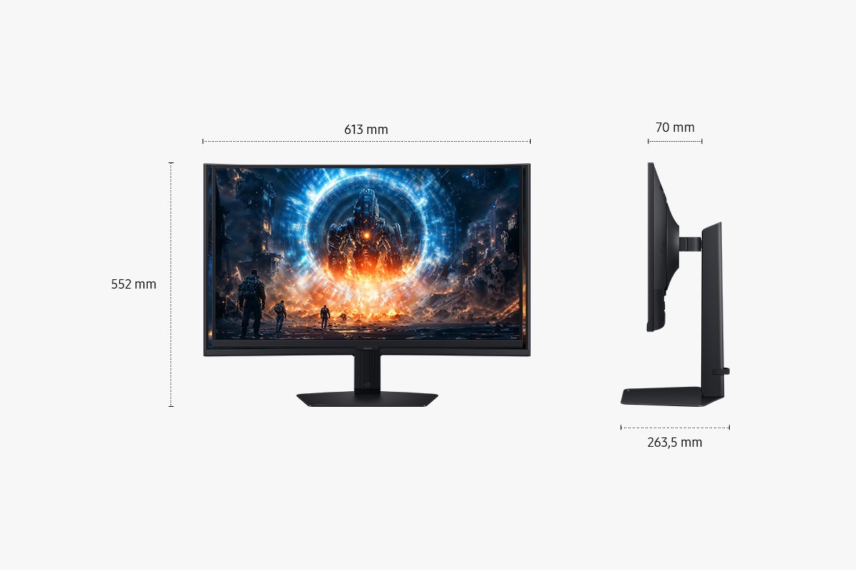 Maße des 27-Zoll-Modells Samsung Odyssey G60F (613 x 552 x 263,5 mm) mit schwarzem Standfuß und Bildschirmtiefe von 70 mm ohne Standfuß. Der Bildschirm zeigt Soldaten, die beobachten, wie ein riesiger Feind aus dem Portal auftaucht.