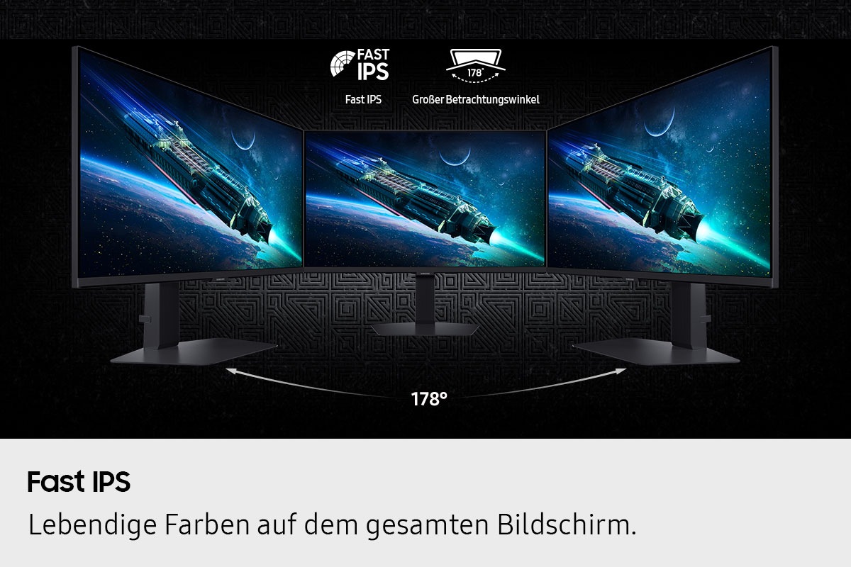 Schnelles IPS. Bildbeschreibung: Lebendige Farben auf dem gesamten Bildschirm. Alternativtext: Drei nebeneinander angeordnete Monitore bieten einen Betrachtungswinkel von 178°. Symbole für schnelles IPS und großen Betrachtungswinkel.