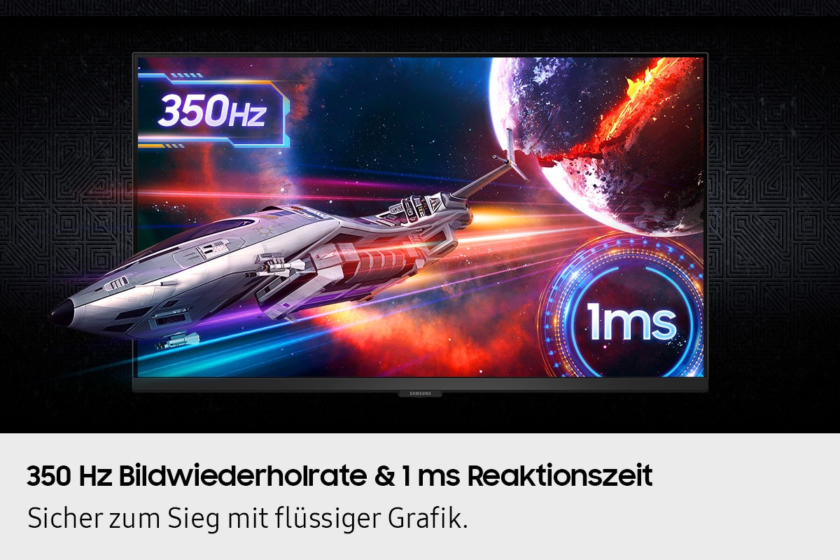350 Hz Bildwiederholrate und 1 ms Reaktionszeit. Bildbeschreibung: Sicher zum Sieg mit flüssiger Grafik. AltText: Ein Raumschiff zoomt aus dem Bildschirm heraus.