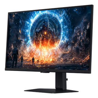 Vorderansicht rechts des 27-Zoll-Monitors Samsung Odyssey G60F. Auf dem Bildschirm sind Soldaten zu sehen, die beobachten, wie ein riesiger Feind aus dem Portal auftaucht.