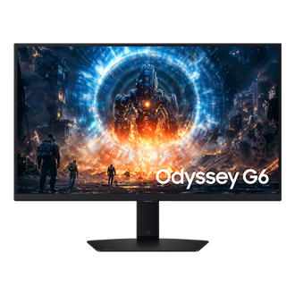 Vorderseite des 27-Zoll-Monitors Samsung Odyssey G60F. Auf dem Bildschirm sind Soldaten zu sehen, die beobachten, wie ein riesiger Feind aus dem Portal auftaucht.