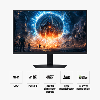 Vorderseite des 27-Zoll-Monitors Samsung Odyssey G60F mit Bildschirm, auf dem Soldaten zu sehen sind, die beobachten, wie ein riesiger Feind aus dem Portal auftaucht. Vier Symbole für Funktionen zu QHD, Schnelles IPS, 350 Hz Bildwiederholrate, 1 ms Reaktionszeit und G-Sync Compatible