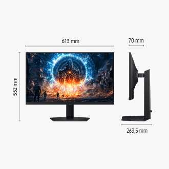 Maße des 27-Zoll-Modells Samsung Odyssey G60F (613 x 552 x 263,5 mm) mit schwarzem Standfuß und Bildschirmtiefe von 70 mm ohne Standfuß. Der Bildschirm zeigt Soldaten, die beobachten, wie ein riesiger Feind aus dem Portal auftaucht.