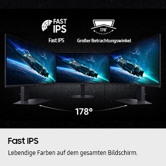 Schnelles IPS. Bildbeschreibung: Lebendige Farben auf dem gesamten Bildschirm. Alternativtext: Drei nebeneinander angeordnete Monitore bieten einen Betrachtungswinkel von 178°. Symbole für schnelles IPS und großen Betrachtungswinkel.