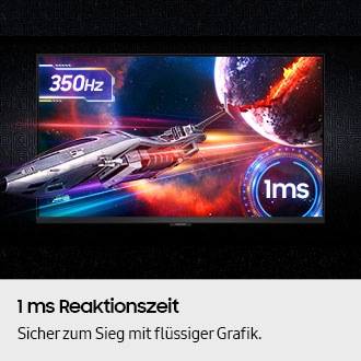 350 Hz Bildwiederholrate und 1 ms Reaktionszeit. Bildbeschreibung: Sicher zum Sieg mit flüssiger Grafik. AltText: Ein Raumschiff zoomt aus dem Bildschirm heraus.