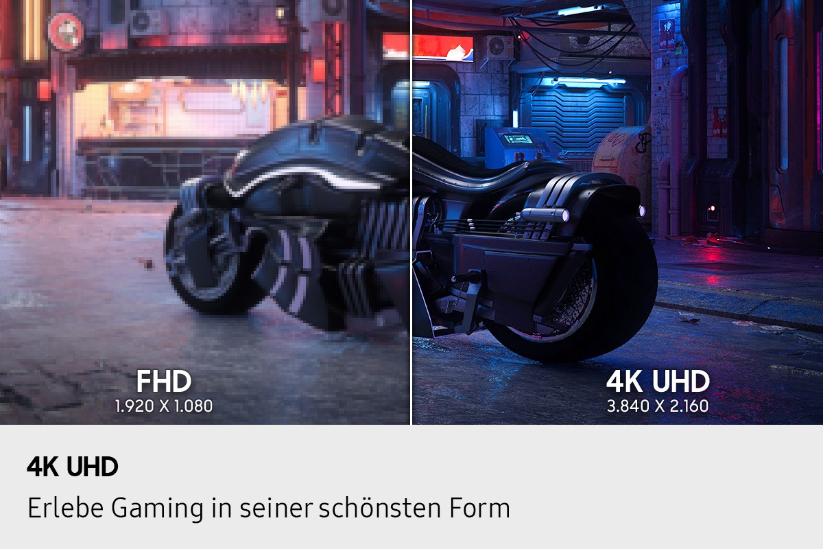 4K UHD. Fesselndes Gameplay dank 4K. Ein Motorrad steht vor einem Gebäude. 4K UHD (3.840 x 2.160) zeigt ein klareres, lebendigeres Bild des Motorrads im Vergleich zu FHD (1.920 x 1.080).