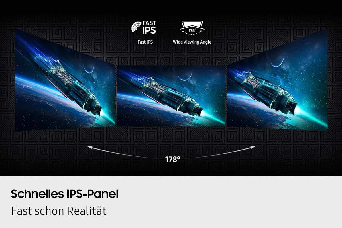 Schnelles IPS-Panel. Satte Farben, die dich umgeben. Drei nebeneinander platzierte Displays zeigen einen weiten Betrachtungswinkel von 178°. Symbole für schnelles IPS und einen weiten Betrachtungswinkel sind zu erkennen.