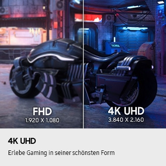 4K UHD. Fesselndes Gameplay dank 4K. Ein Motorrad steht vor einem Gebäude. 4K UHD (3.840 x 2.160) zeigt ein klareres, lebendigeres Bild des Motorrads im Vergleich zu FHD (1.920 x 1.080).