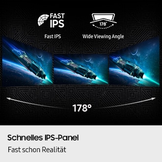 Schnelles IPS-Panel. Satte Farben, die dich umgeben. Drei nebeneinander platzierte Displays zeigen einen weiten Betrachtungswinkel von 178°. Symbole für schnelles IPS und einen weiten Betrachtungswinkel sind zu erkennen.