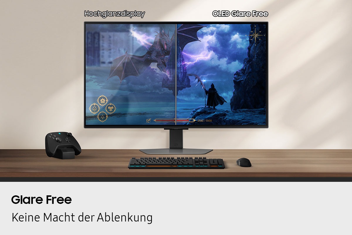 Keine Macht der Ablenkung mit „Glare Free“-Technologie. Mit einem glänzenden Display sind Reflexionen im Spiel zu erkennen. Die OLED „Glare Free“-Technologie zeigt ein klares Bild.