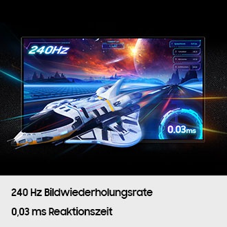 Schalte Gegner*innen mit überragender Geschwindigkeit aus – dank 240 Hz Bildwiederholrate + 0,03 ms Reaktionszeit. Ein Raketenschiff mit einem dynamischen Hintergrund „kommt“ aus dem Display „hervor“. 240 Hz & 0,03 ms.