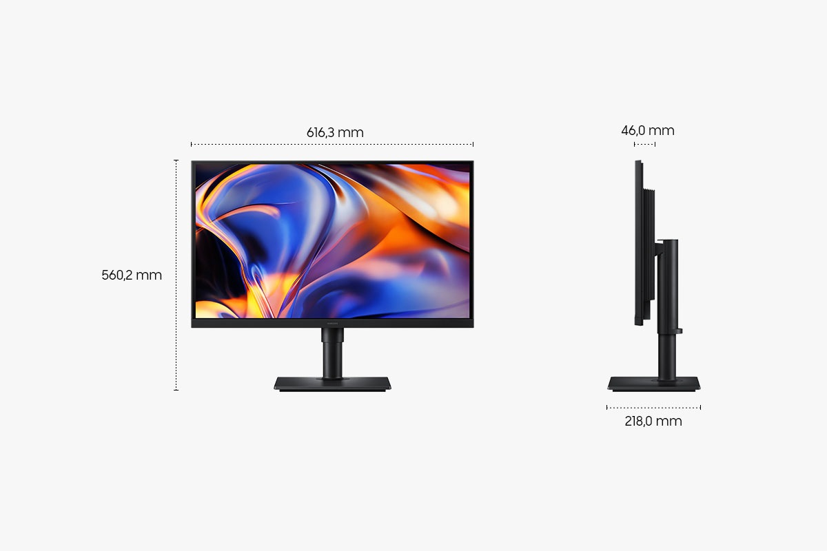Abmessungen des 27-Zoll-Monitors Samsung ViewFinity S8 S80HF (616,3 x 560,2 x 218,0 mm) mit Standfuß und einer Bildschirmtiefe von 46,0 mm ohne Standfuß. Der Bildschirm zeigt eine Vielzahl leuchtender Farben.