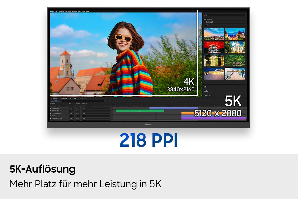 Der Monitor wird mit einem geöffneten Bildbearbeitungsprogramm gezeigt. Der Bildschirm zeigt 4K (3840 x 2160) und 5K (5120 x 2880) an. Darunter: 218 PPI.