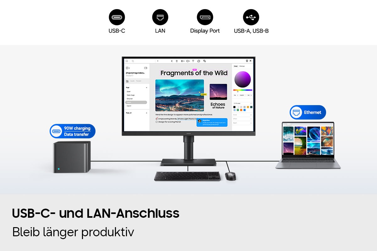 Ein Monitor ist an einen PC, einen Laptop, eine Tastatur und eine Maus angeschlossen. Auf dem Monitor ist ein Bearbeitungsprogramm geöffnet. Das Anschlusssymbol über dem PC zeigt eine 90-W-Ladeleistung und Datenübertragung an, während sich das Ethernet-Symbol über dem Laptop befindet. Symbole für USB-C, LAN, DisplayPort, USB-A und USB-B.
