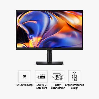 Vorderseite des 27-Zoll-Monitors Samsung ViewFinity S8 S80HF, dessen Bildschirm eine Vielzahl leuchtender Farben zeigt, sowie vier Symbole für Funktionen wie 5K-Auflösung, USB-C- und LAN-Anschluss, einfache Verbindung und ergonomisches Design.