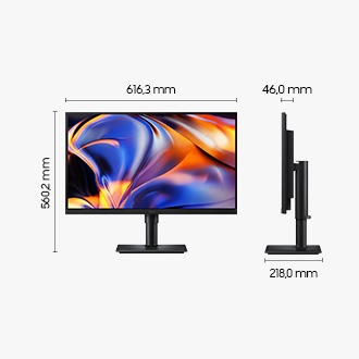 Abmessungen des 27-Zoll-Monitors Samsung ViewFinity S8 S80HF (616,3 x 560,2 x 218,0 mm) mit Standfuß und einer Bildschirmtiefe von 46,0 mm ohne Standfuß. Der Bildschirm zeigt eine Vielzahl leuchtender Farben.