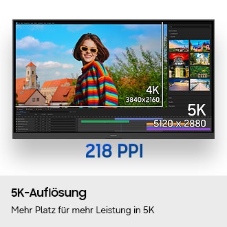Der Monitor wird mit einem geöffneten Bildbearbeitungsprogramm gezeigt. Der Bildschirm zeigt 4K (3840 x 2160) und 5K (5120 x 2880) an. Darunter: 218 PPI.